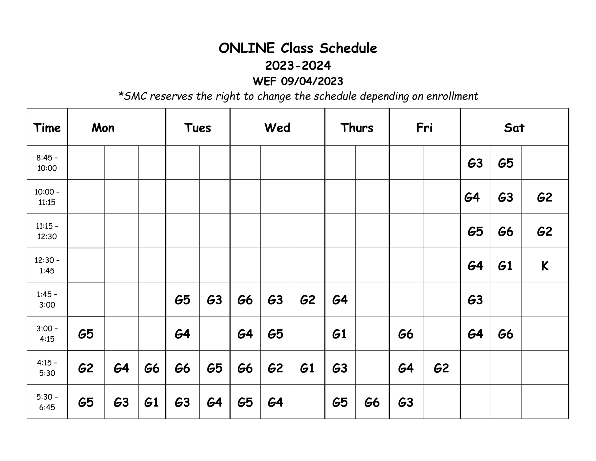 ONLINE CLASS SCHEDULE 20232024 Singapore Maths Club